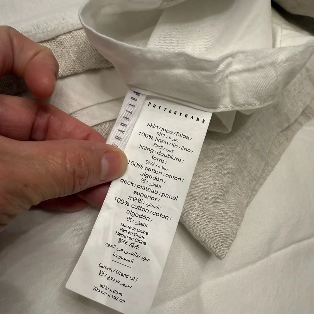 Pottery Barn White and Tan Linen Bed Skirt - Picture 1 of 6